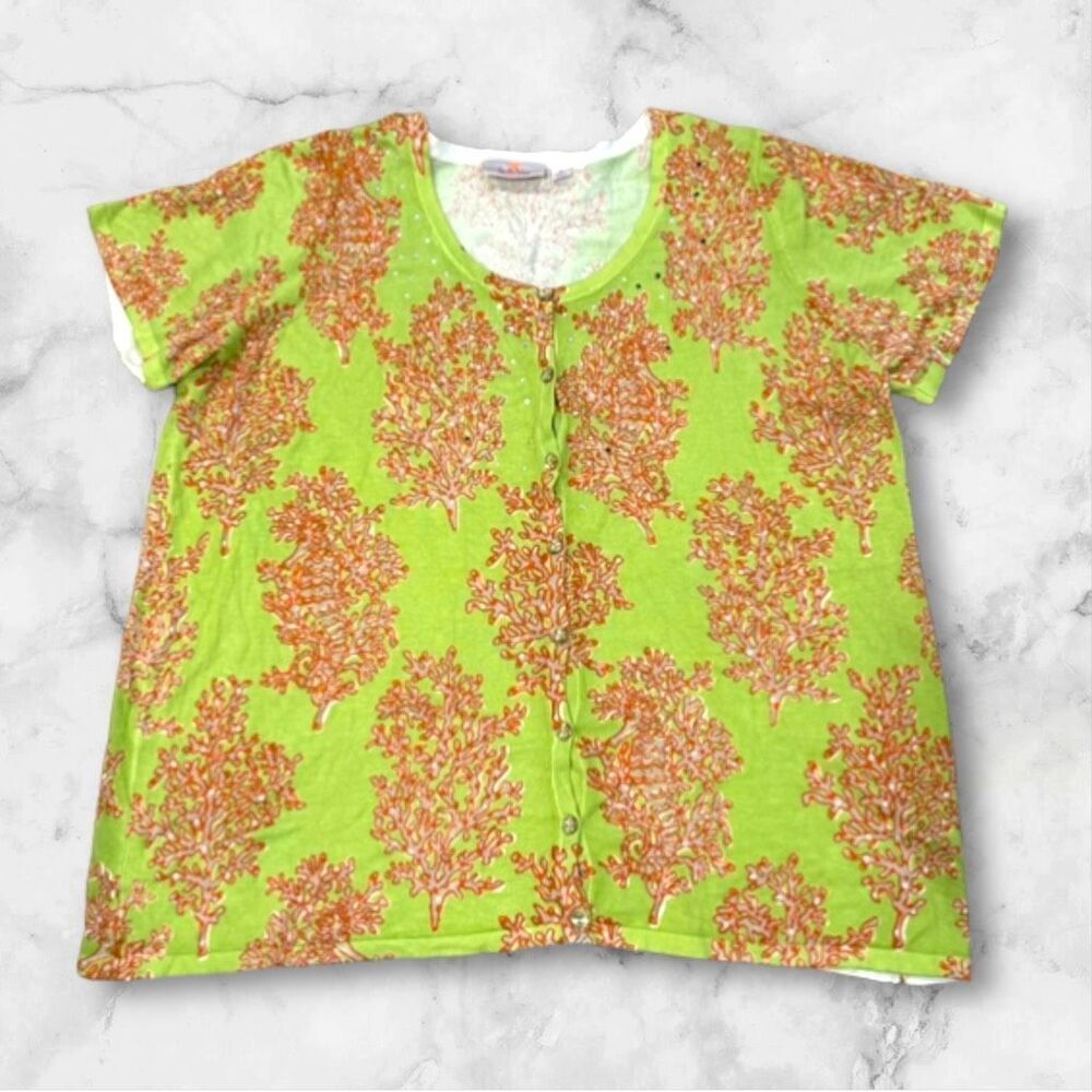 Quacker Factory Rhinestones Button Front Short Sleeve Cardigan Green Orange 1X